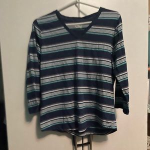 Basic Editions long sleeved, striped shirt. Dark and light blue and white.